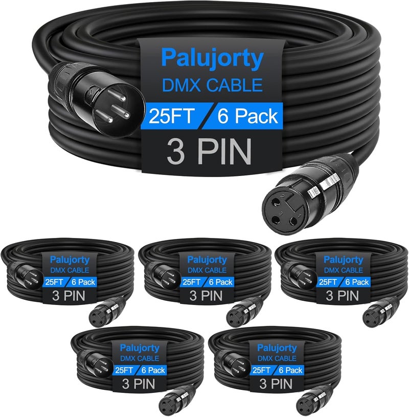 Palujorty 25 FT DMX Cable 6 Pack, Coiled 3 Pin DMX Cable for DJ DMX Lighting - Image 1